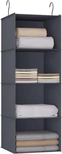 Vista 18 de Organizador colgante para armario y almacenamiento con 3 estantes, estantes colgantes plegables de montaje fácil para guardar ropa, bolsos, zapatos