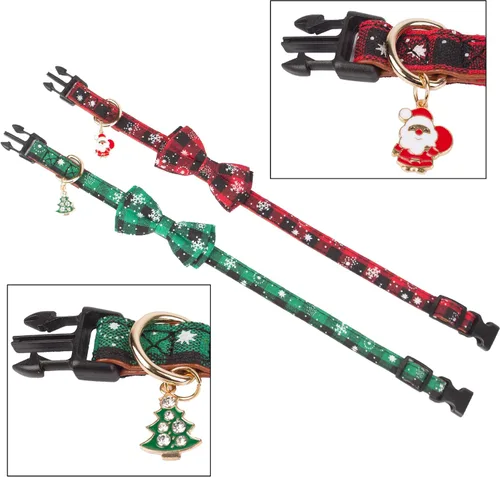 Vista 4 de ADOGGYGO Collar de Navidad para perro con pajarita, collar ajustable con corbatín para perro, collar de Navidad a cuadros rojos y verdes para perros