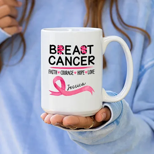 Vista 3 de Taza personalizada para sobrevivientes de cáncer, taza de cáncer de mama, taza de cinta rosa, regalo para sobreviviente de cáncer de mama, taza