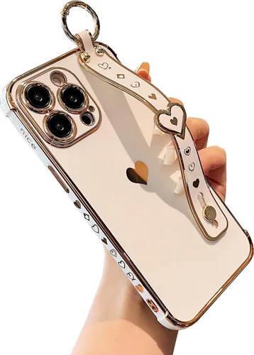 Vista 14 de DEFBSC Funda compatible con iPhone 15, con borde galvanizado, diseño de corazón con correa para la muñeca, protección completa de la cámara