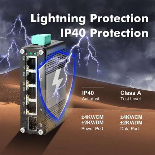 Vista 6 de MokerLink Interruptor PoE industrial de 5 puertos Gigabit con batería solar UPS, entrada DC9V-54V a salida DC48V, IEEE802.3af/at PoE, tamaño mini