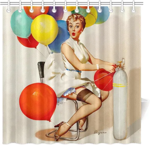 Vista 8 de FUNNY KIDS' HOME Cortinas de ducha retro con pin up para baño, pintura al óleo, arte de lienzo, decoración de baño, sexy dama bañándose