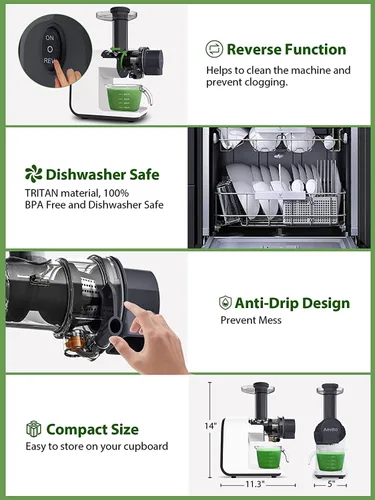 Vista 5 de Aeitto Exprimidor lento, exprimidor de prensa en frío, máquinas exprimidoras sin BPA, fáciles de limpiar, exprimidor de prensa en frío con motor