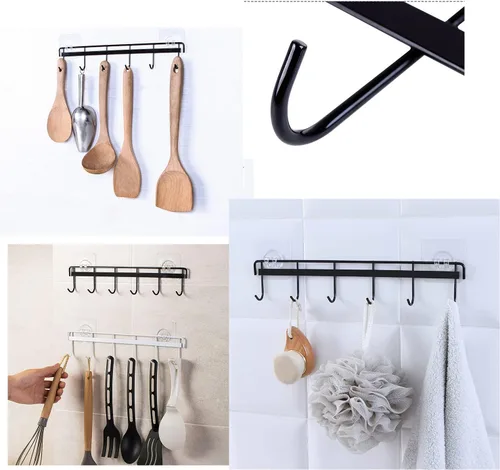 Vista 4 de Paquete de 2 ganchos de pared para colgar abrigos, sombreros, estante negro con 6 ganchos para tazas de café y tazas, soporte para llaves, soporte