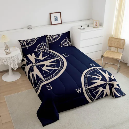 Vista 3 de Juego de edredón de brújula azul marino, tamaño individual, 2 piezas, diseño náutico de vela, estilo simple, para niños, adolescentes, adultos
