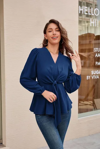 Vista 3 de GRACE KARIN 2023 - Blusa elegante de manga corta acampanada con cuello en V y lazo frontal para mujer