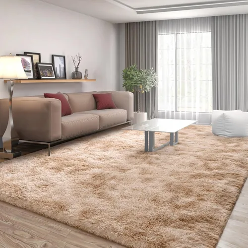 Vista 2 de FlyDOIT Alfombras grandes para sala de estar, 4 x 6 pies alfombra peluda beige con efecto tie-dye, alfombras mullidas suaves, alfombras peludas