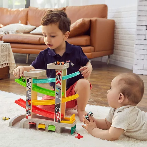 Vista 2 de TOP BRIGHT Juguete de rampa de coche para regalos de niños de 2 a 3 años, juguete de pista de carreras para niños de 18 meses con 4 autos de madera
