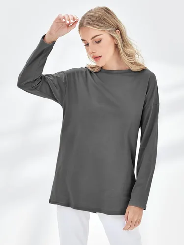Vista 98 de Fisoew Camisetas de manga larga para mujer, holgadas, casuales, con cuello redondo, blusa suave