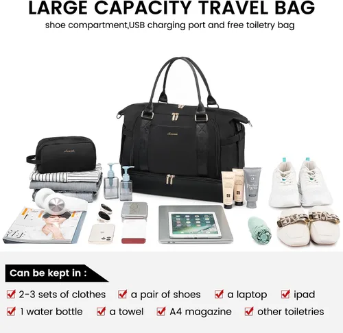 Vista 3 de Bolsa de gimnasio para mujer LOVEVOOK Travel Duffel Bag con puerto de carga USB, Negro