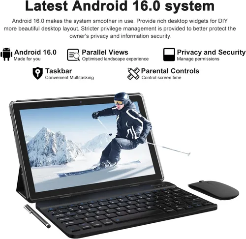 Vista 6 de Tablet Android 15 de 10 pulgadas, 12 (3+9) GB RAM+64GB ROM, tabletas 2 en 1 con funda de teclado y mouse Stylus, procesador de cinco núcleos de 1.8