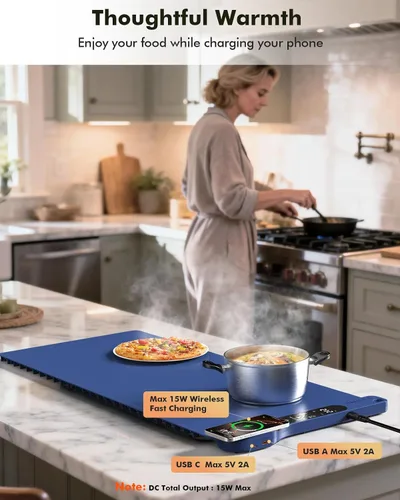 Vista 7 de Nuevo Tapete de Calentamiento de Alimentos con Cargador Inalámbrico, 34"x15" Extra Grande Enrollable Calentador de Alimentos, Tapete