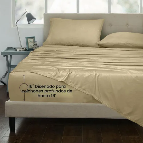 Vista 3 de ROYALE LINENS Juego de sábanas de 300 hilos 100% algodón peinado de fibras largas, 4 piezas, 1 sábana bajera, 1 encimera y 2 fundas de almohada