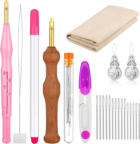 Vista 9 de WILLBOND Kit de 17 Piezas de Aguja Perforadora Herramienta de Aguja Perforadora Ajustable Incluye Mango de Madera Bolígrafo de Bordado Tela Agujas
