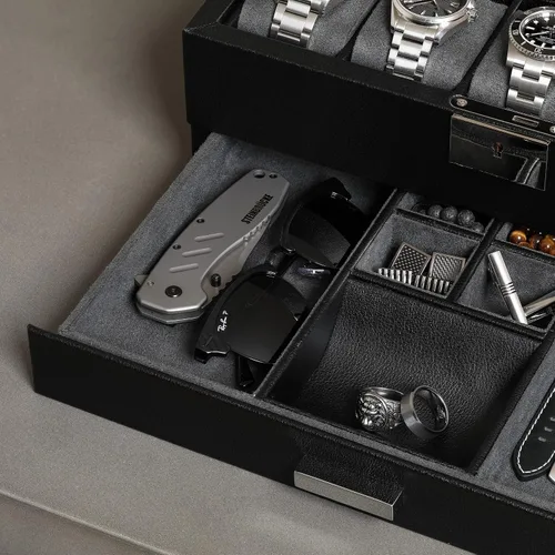 Vista 5 de ROTHWELL Caja de reloj de 10 ranuras en cuero con cajón de valet organizador de exhibición de lujo con forro de microgamuza ultrasuave soporte