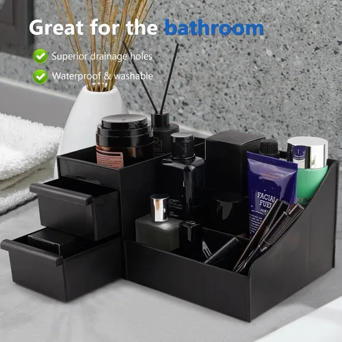 Vista 6 de Organizador de colonia negro para hombres - Organizador grande de mostrador con cajones para colonia, perfume, afeitado y cuidado de la piel