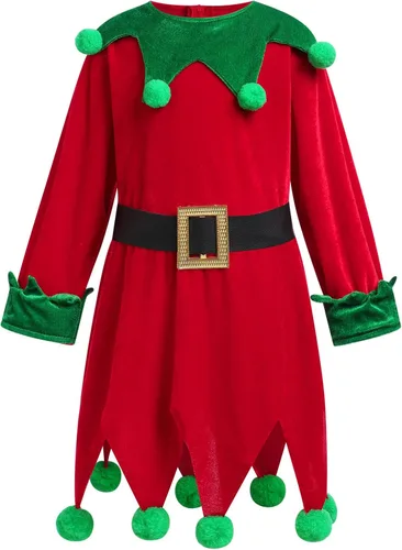 Vista 2 de IMEKIS Disfraz de elfo de Papá Noel para niñas, vestido de Halloween con sombrero de elfo, cosplay, Navidad, vacaciones, medias para niños, 3-13T