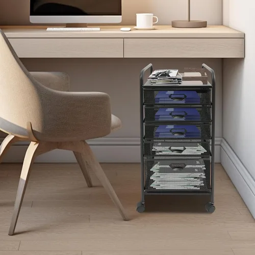 Vista 4 de Carro de archivos rodante de 5 cajones, gabinete de archivos debajo del escritorio con ruedas, organizador de cartas de papel, carrito de malla