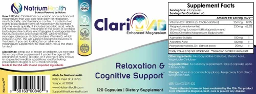Vista 2 de Nootropics Depot ClariMAG Cápsulas Magnesio mejorado 60 unidades Relajación y apoyo cognitivo Stack