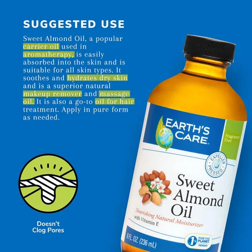 Vista 5 de Earth's Care Aceite de almendras dulces - Aceite de almendras prensadas con expulsor para piel y cabello, botella de vidrio, sin perfume, 8 onzas