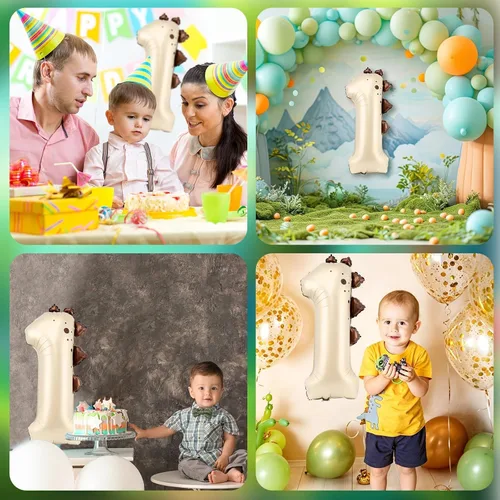 Vista 7 de Globo de dinosaurio número 1, globo de aluminio beige de 30 pulgadas para decoración de fiesta de cumpleaños de 1º cumpleaños de la selva