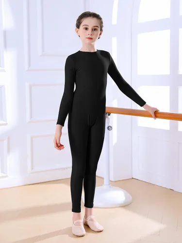 Vista 4 de Unitardo de cuerpo entero con manga larga para niñas, de una pieza, para gimnasia y baile, de licra, para niños Negro