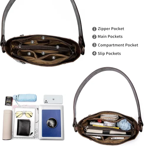 Vista 4 de Montana West Monederos de cuero genuino para mujer, bolsos Hobo con asa de herramientas y borlas