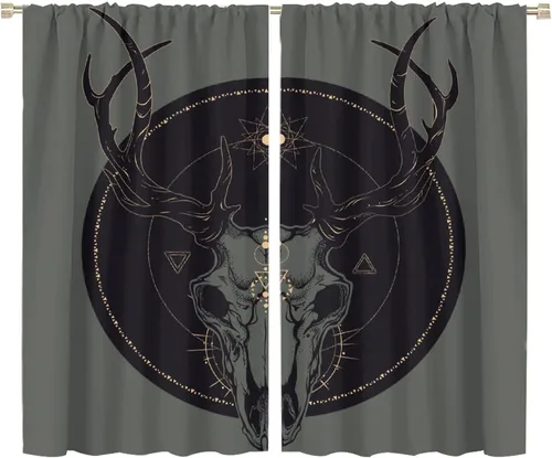 Vista 52 de BAEKJIN Cortinas de cabeza de cabra, diseño de calavera malvada, bruja, símbolo misterioso, bolsillo para barra, cortinas opacas para ventana, juego