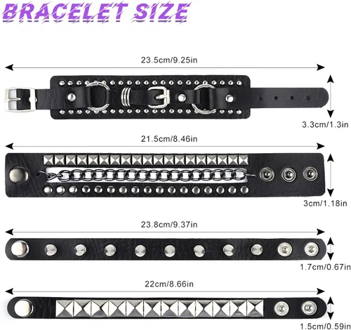 Vista 2 de 4 pulseras de cuero punk rock, accesorios góticos retro vintage para mujeres y hombres, remaches de los años 80, juego de pulseras de metal unisex