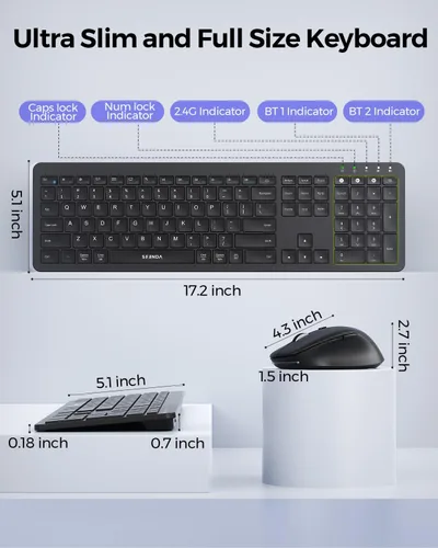 Vista 4 de seenda Combo de teclado y mouse inalámbricos para PC con Windows, laptop, Mac, iPad, Bluetooth y conexión múltiple de 3 dispositivos 2.4G, teclado