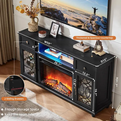 Vista 7 de Joaxswe - Soporte de TV estilo rústico con chimenea, centro de entretenimiento de 59 pulgadas con chimenea eléctrica y luces LED para televisores