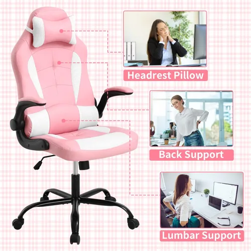 Vista 6 de Silla de oficina en casa, linda silla de juegos Kawaii rosa para niña, ergonómica, escritorio de carreras, oficina, ajustable, con respaldo alto