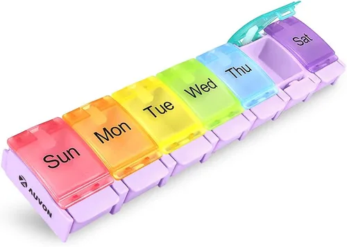 Vista 8 de AUVON Organizador semanal de pastillas apto para artritis, sin BPA, estuche pastillero de viaje de 7 días con diseño de apertura por resorte
