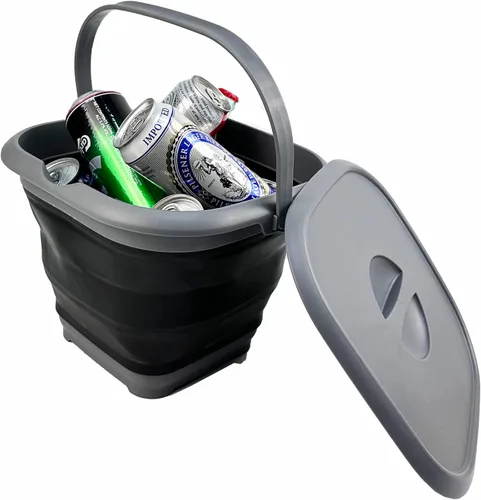 Vista 5 de SAMMART Cubo cuadrado plegable de 8.5 L (2.2 galones) con tapa/cubo de agua cuadrado plegable con tapa/bañera portátil con asa y tapa (gris/negro)