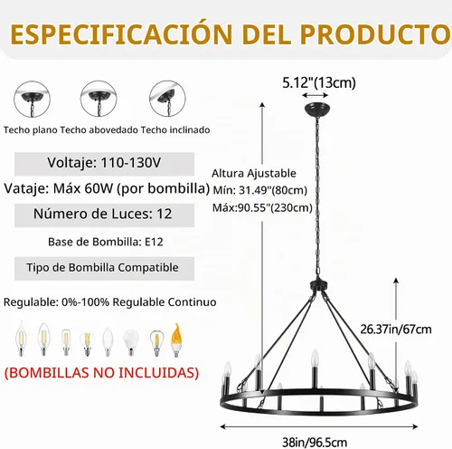 Vista 3 de Candelabro de rueda de carro, 12 luces de 38 pulgadas, lámpara de granja Luz negra-12