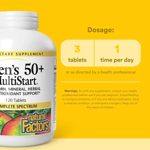 Vista 3 de Natural Factors, Multivitamínico diario MultiStart 50+ para hombres, apoyo nutricional para la salud inmunológica y de próstata, 120 tabletas