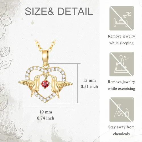 Vista 5 de Collar de corazón de oro de 14 quilates para mujer, collar con dije de corazón de colibrí de oro amarillo real con rubí bailarín, para niñas, damas