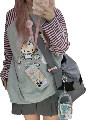 Vista 5 de Camiseta Harajuku de gran tamaño a rayas de manga larga con cuello redondo para mujer NegroGris