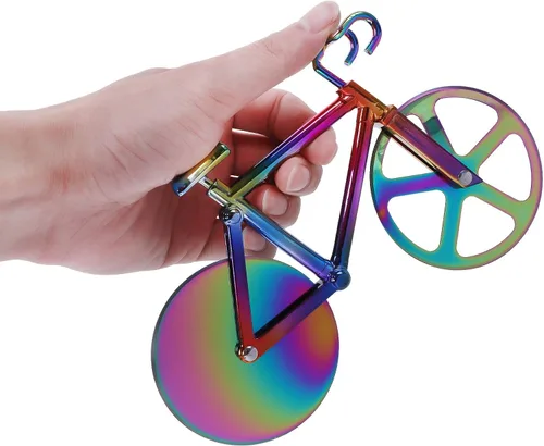 Vista 6 de Partim - Rueda cortadora de pizza con forma de bicicleta, de acero inoxidable, con pala y soporte para pizza, rueda de corte doble antiadherente