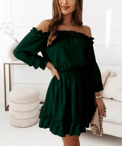 Vista 5 de Dokotoo Vestido de primavera 2024 con volantes y hombros descubiertos para mujer, manga larga, cintura elástica, acampanado, casual, mini vestidos