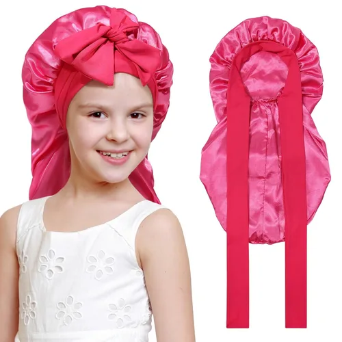 Vista 17 de Gorro de pelo largo para niños para dormir - Gorro de satén elástico de doble capa para niñas con banda de amarre para cabello trenzado y rizado