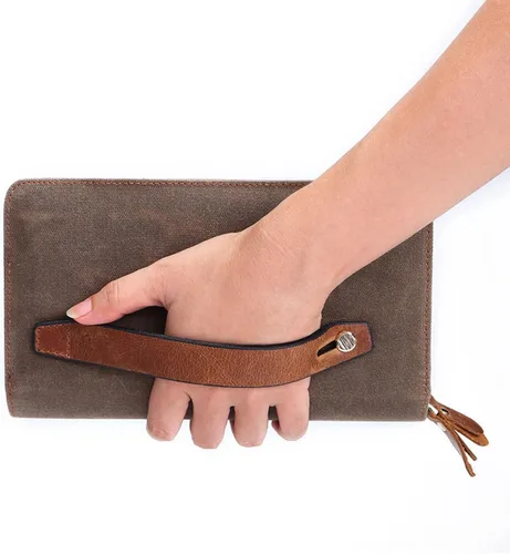 Vista 3 de SUMGOGO Billeteras para hombres y mujeres, bolso de mano para teléfono y tarjeteros, bolso vintage de lona de cuero auténtico, doble bolsillo