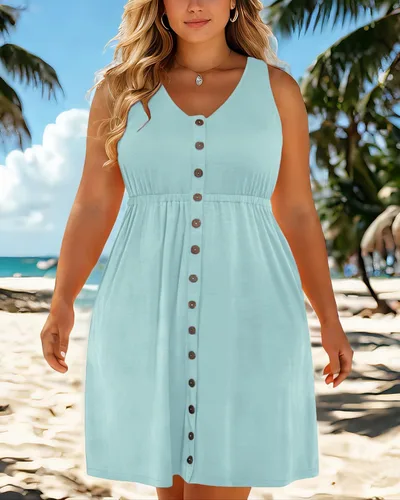Vista 47 de Holipick Vestidos de verano para mujer, talla grande, casual, con bolsillos, acampanado, con botones, sin mangas, cuello en V