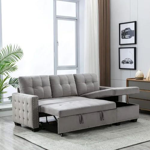 Vista 4 de Sofá modular con cama extraíble, sofá esquinero tapizado de terciopelo de 76.8 pulgadas con marco de madera maciza de 2 asientos y diván de Gris