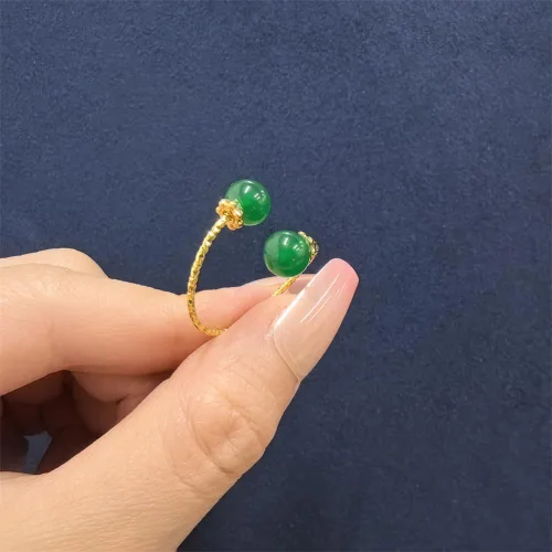 Vista 5 de Anillo abierto ajustable con bolas delicadas para mujer, chapado en oro, apilable, para boda, piedra de jade artificial, anillos de dedo de moda