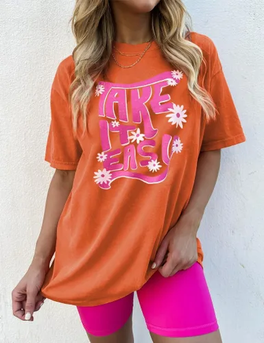 Vista 11 de Aoang Camisetas gráficas de gran tamaño para mujer, cuello redondo, manga corta, blusa