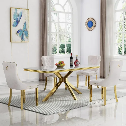 Vista 67 de Juego de 5 mesas de comedor, juego de mesa de cocina y comedor para 4, mesa de cocina rectangular de mármol sintético blanco de 47 pulgadas con base