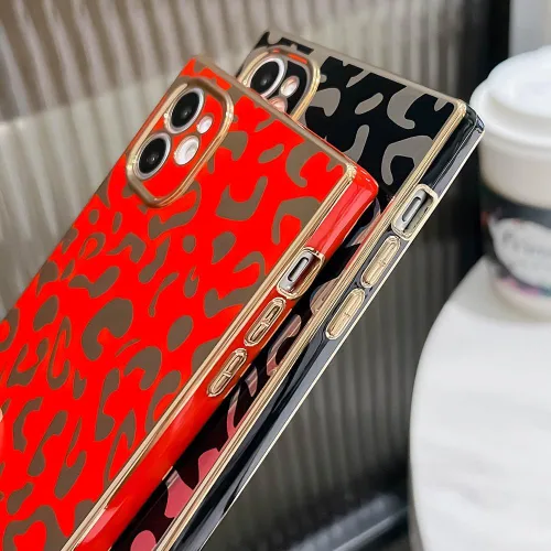 Vista 4 de Elegante Compatible con iPhone 12 Funda de Borde Rectangular, Lindo Patrón de Leopardo de Lujo Funda con Plateado Protector de Cámara TPU Suave A