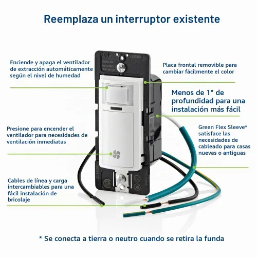Vista 7 de Interruptor de sensor de humedad Leviton para ventilador de escape de baño, ventilación automatizada, circulación de aire, control de humedad, ¼ HP