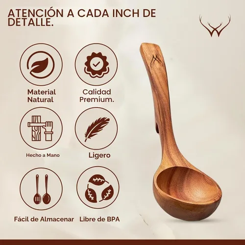 Vista 7 de Prime - Juego de cucharón de madera de teca con soporte para cuchara, cucharón de sopa grande y profundo con mango de gancho para cocinar, servir